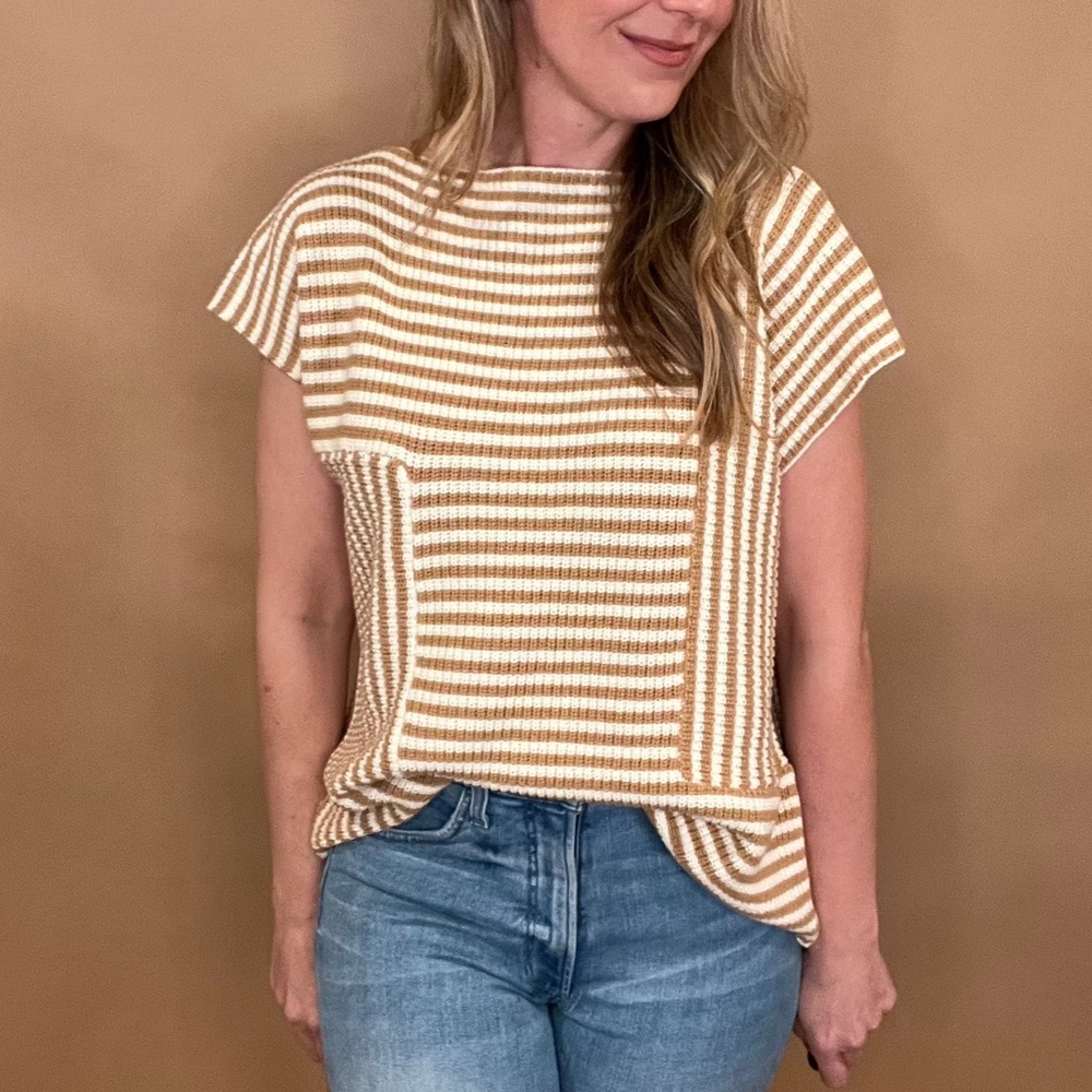 Grade & Gather, Mixed Stripe Knit Shirt, Beige & White. 100…